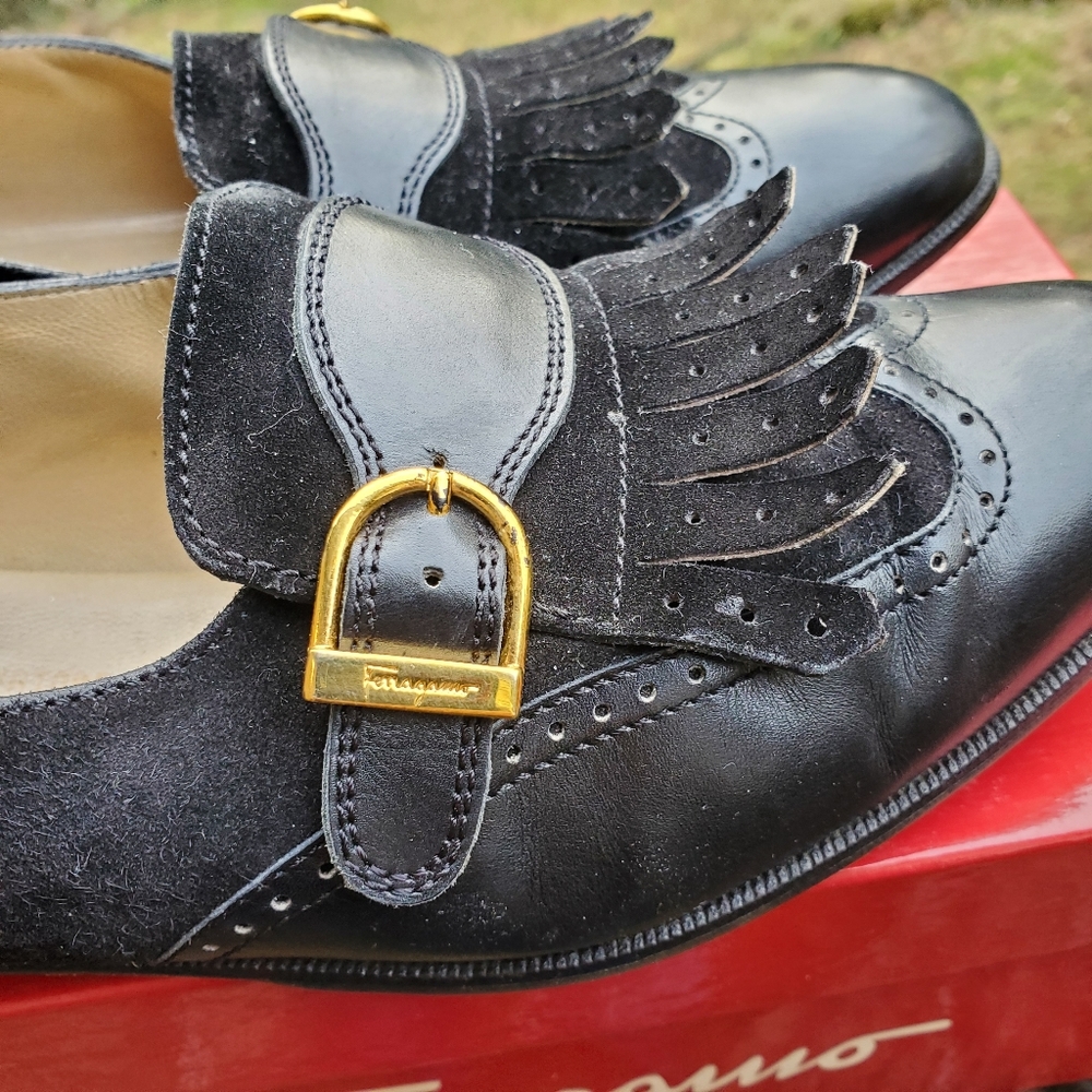 Salvatore Ferragamo Black Leather & Suede Loafers - Picture 2 of 15